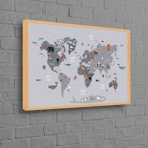 Weltkarte mit Tieren, Weltkarte mit Tieren, Kunstleinwand, Kinder Kunst, Kinder Wand Dekor, Kinder Kunst, Kinder Wand Dekor