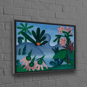 May include: A framed landscape painting featuring a vibrant tropical scene. The artwork depicts stylized flora, including palm trees, flowers, and lush greenery, set against a blue sky and water. The color palette includes shades of green, pink, and blue.