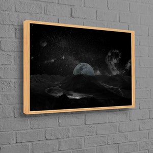 Moon Landscape Canvas Art, Galaxy Starry Night Wall Decor, Dark Fantasy Space Poster, Cosmic Scene Cotton Canvas Print, Sci-Fi Wall Art
