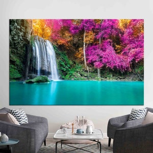 Arte mural de cascada colorida, póster de lienzo con paisaje natural, decoración de pared de bosque vibrante, impresión en lienzo de algodón, póster de cascada tropical
