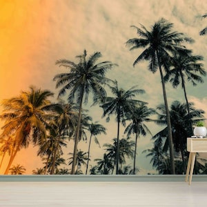 Decoración de pared de cocoteros, papel tapiz costero, pintura de pared de palmeras, calcomanías de pared con vistas, aniversario de papel, póster de pared moderno, arte de pared en 3D,
