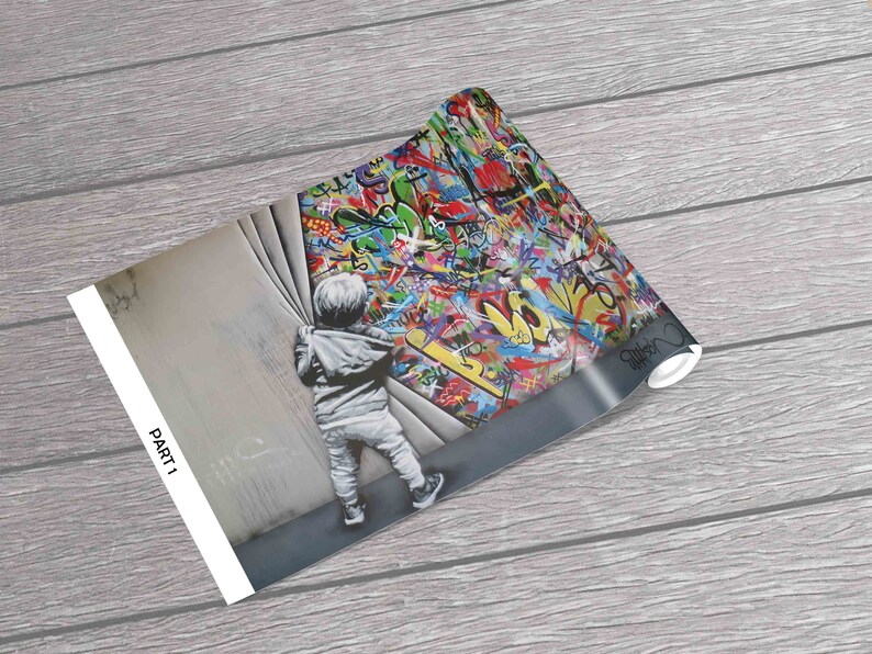 Kid Graffiti Mural, Behind the Curtain Wall Paper, Martin Watson Wall Decor, Banksy Boy Mural, Banksy Graffiti Wall Mural, Sample A4