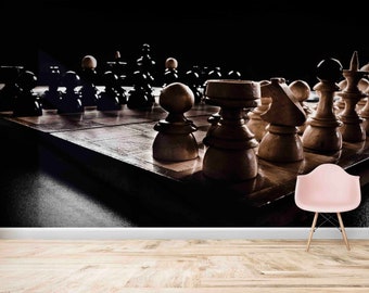 May include: A close-up of a chessboard with white chess pieces arranged in a strategic formation. The board is made of wood and has a dark brown finish. The pieces are made of a light-colored wood and have a smooth, polished finish.