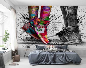 Love in Shoes Wall Painting, Shoes Wall Poster, Love Graffiti Wall Stickers, Graffiti Wallpaper, Lover Shoes Art, Artwork Paper,