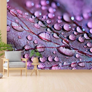 Carta da parati 3D, arte murale botanica, murale con foglie viola e gocce d'acqua, arte moderna su carta, adesivi murali viola, murales con decalcomanie murali,