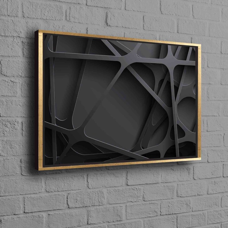May include: Black and gold abstract wall art with a geometric design. The art features a series of intersecting lines and shapes, creating a modern and stylish look.