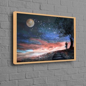 カップルアートワーク、月の風景プリント、星空プリント、カップルギフトプリント、恋人ギフトキャンバスアート、月プリント、ロマンチックなカップルキャンバス