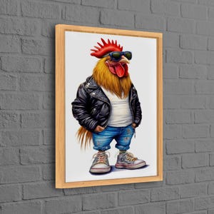 May include: A rooster wearing a black leather jacket, blue jeans, and sunglasses. The rooster has a red comb and a yellow beak.