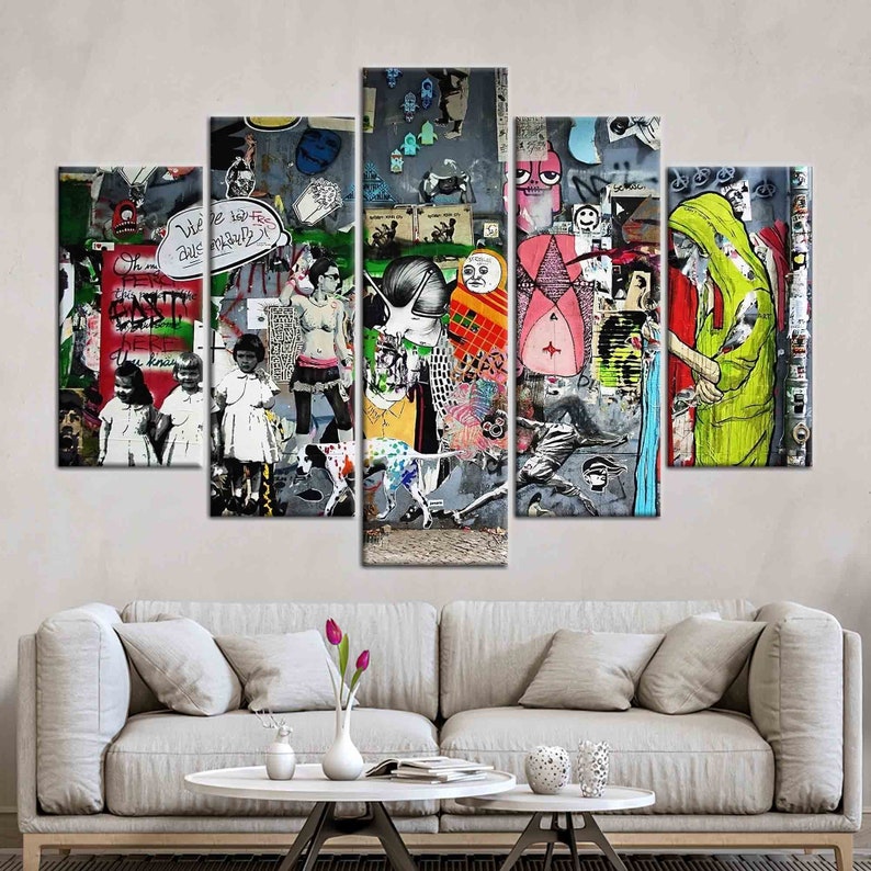 May include: A multi-panel canvas art print featuring a collage of colorful graffiti art on a gray wall. The art includes figures, animals, and text in various styles and colors.