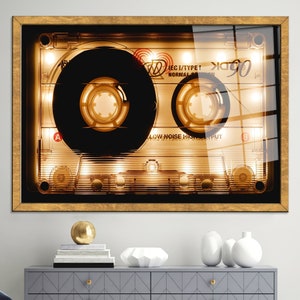 Tempered Glass, Abstract Glass Art, Canvas Glass Art, Wall Art, Shining Audio Cassette Glass, Shining Audio Cassette, Modern Wall Art, Gold Framed