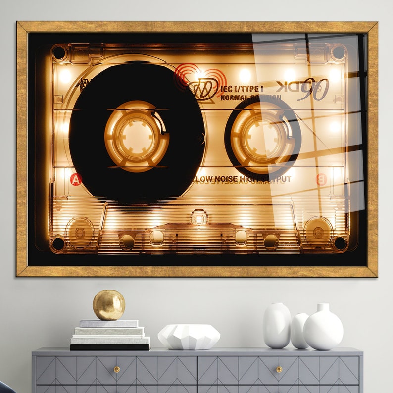 Tempered Glass, Abstract Glass Art, Canvas Glass Art, Wall Art, Shining Audio Cassette Glass, Shining Audio Cassette, Modern Wall Art, Gold Framed