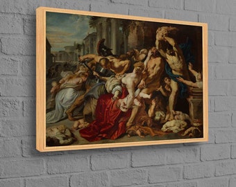 May include: A painting depicting a chaotic scene of violence and bloodshed.  A group of people are fighting and attacking each other with swords and other weapons.  The painting is filled with dark colors and a sense of urgency.