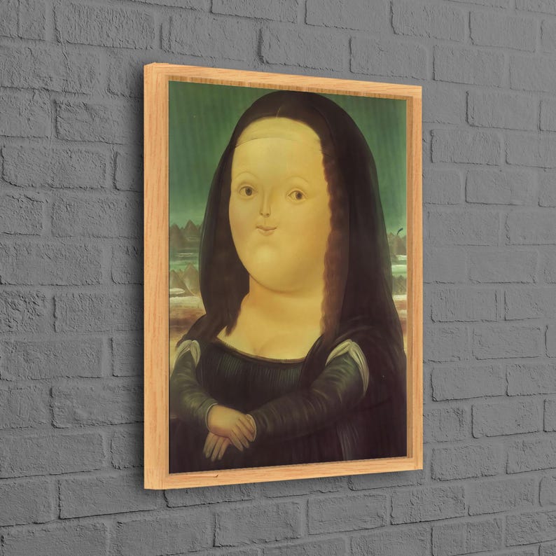 Prezent z płótna Fernando Botero, Mona Lisa autorstwa Fernando Botero na płótnie, Mona Lisa na płótnie, Słynny plakat, Spersonalizowany prezent dla mamy, Natural Framed