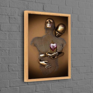 Metallic Couple With Heart, Metallic Poster, 3d Effect Poster, Modern Wall Art, Silver Artwork, 3d Couple Art, Metallic Heart Art Canvas,