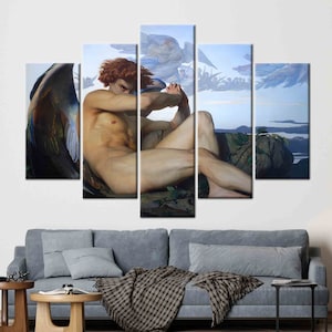 May include: A multi-panel canvas print depicting a fallen angel with large, dark wings. The angel is nude and has a sorrowful expression on their face. The background is a cloudy sky with a distant landscape.