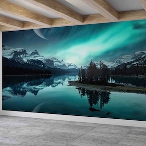 Seelandschaft Wandtattoos, Landschaftstapete, Berglandschaft Wand-Dekor, Aurora Wand-Kunst, 3D Papier Wand-Kunst, Wand-Kunst-Dekor,