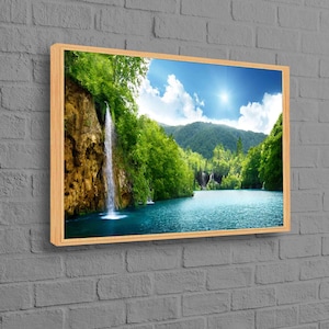 Wasserfall im tiefen Wald, 3D Leinwand, benutzerdefinierte Leinwand, Ansicht Kunst Leinwand, Wohnzimmer Wandkunst, Waldblick Wandkunst, Landschaft Leinwand Poster,