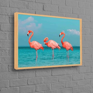 Póster de paisaje marino, lienzo de pájaro rosa, lienzo de flamenco rosa, arte de flamenco, lienzo tropical, estampado de verano, decoración de pared de moda,