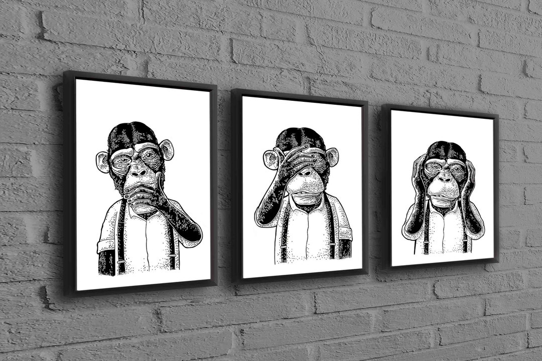 Three Wise Monkey Wall Art Abstract Monkey Canvas Art Etsy
