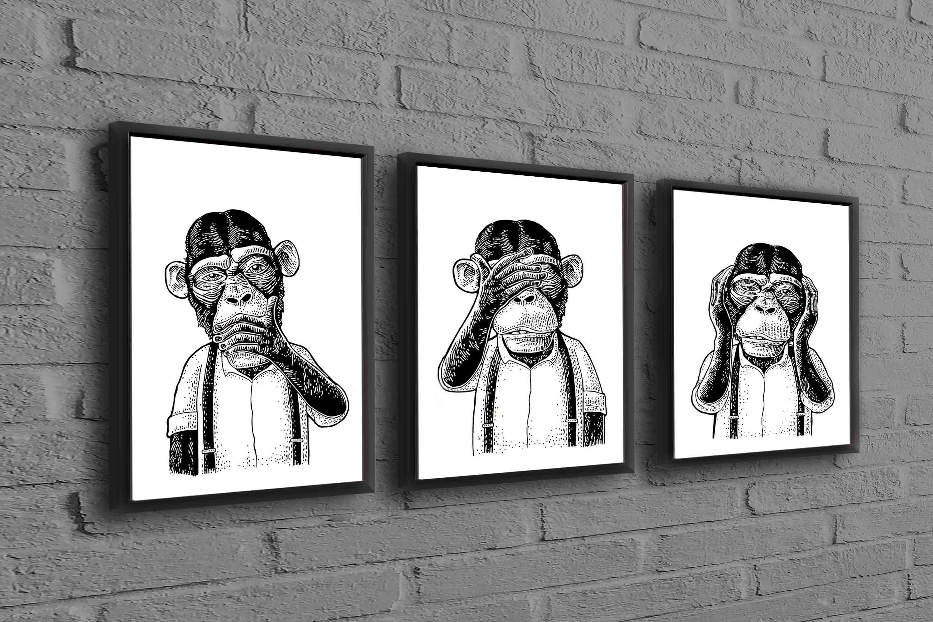Three Wise Monkey Wall Art Abstract Monkey Canvas Art Etsy