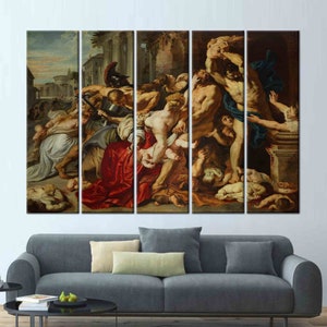 Pode incluir: Uma pintura de tela de v&aacute;rios pain&eacute;is que retrata uma cena ca&oacute;tica de viol&ecirc;ncia e derramamento de sangue. A pintura apresenta um grupo de pessoas, algumas das quais segurando armas, atacando outras. A cena se passa em uma rua da cidade, e h&aacute; edif&iacute;cios e &aacute;rvores ao fundo.