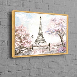 Eiffel And Couple, Pink Leaves Painting, Eiffel Painting, Eiffel Tower Wall Art, Paris Landscape, Abstract Wall Art, Contemporary Art,