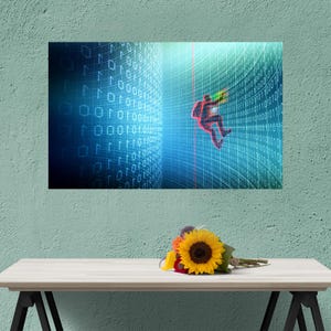 Może przedstawiać: Cyfrowy wydruk artystyczny przedstawiający osobę spadającą przez niebieską i czerwoną cyfrową przestrzeń z kodem binarnym. Osoba ma na sobie czerwoną koszulę i czarne spodnie.