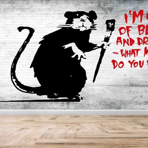 Banksy Out of Bed Ratte Wandaufkleber, Banksy Maus digitales Papier, Graffiti Tapete, Abziehbild, Ich bin aus dem Bett Wandbild, 3D Wandpapier,