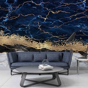 Stampa murale contemporanea, decorazione murale in marmo, decorazione murale moderna, carta da parati blu, carta da parati blu navy, carta da parati con inchiostro alcolico,