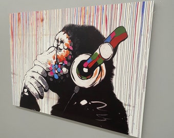 Banksy Thinking Monkey, Dj Monkey, Banksy Monkey, Pintura Banksy, Tela com Moldura Preta, Impressão de Arte de Rua, Arte de Parede de Macaco, Arte de Parede de Animal,