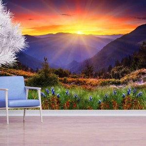 Carta da parati con vista primaverile, carta da parati con sole, splendida arte murale, arte con vista sulle montagne, carta da parati con paesaggio, regalo per lui, carta da parati con natura, arte murale,