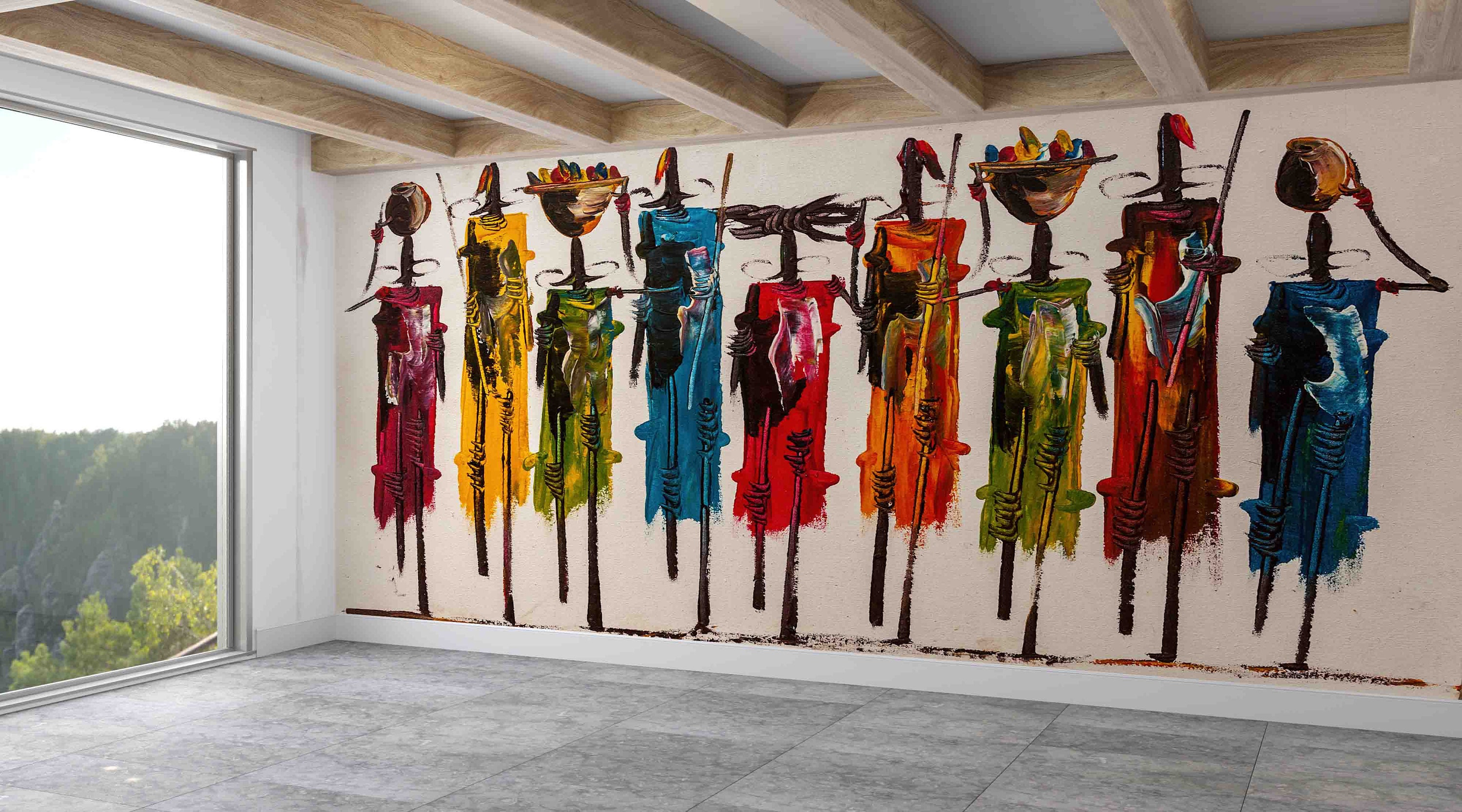 Abstract People Wall Stickers, Masai People Painting Mural, Modern Wall Decal, Masai Wall Stickers, Abstract Paper Art, Contact Paper,
