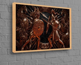 Greek Warrior Canvas Wall Art, Bronze Spartan Battle Print, Mythology Inspired Ancient History Decor for Office or Living Room