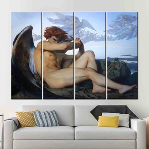 May include: A painting of a fallen angel with large, dark wings. The angel is lying on a rocky outcrop, with a cloudy sky and other angels in the background.