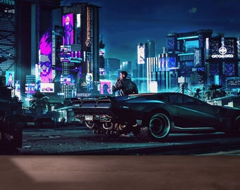 May include: A futuristic cityscape at night with a dark blue sports car parked in the foreground. The car has a sleek design with a black body and red taillights. The city is lit up with neon lights and holographic billboards.