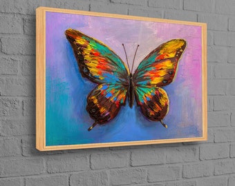 May include: A framed painting of a colorful butterfly with brown wings against a blue and purple background.