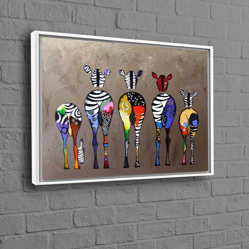May include: A colorful painting of six zebras with their backs to the viewer. The zebras are painted in a variety of colors, including black, white, red, blue, yellow, and green. The zebras are standing in a row, and their tails are all pointing in the same direction.