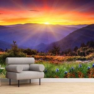 Mountain Landscape Wall Decals, Sunrise Landscape Digital Paper, View Wall Mural, Nature Landscape Wall Art, Room Wall Decor, View Wall Art