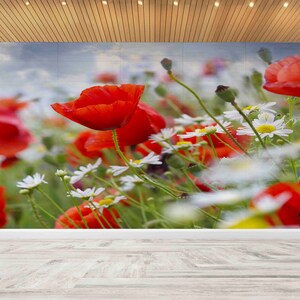 Art Deco Tapete, Wandbild Blumen, Trendiges Wandbild, Bauernhaus Wandtattoo, Rote Mohnblumen Wandbild, 3D Papierkunst, 3D Wandbild,