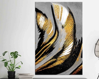 Lienzo abstracto dorado y negro para pared, impresión de textura moderna de lujo, trazos dorados audaces, decoración de pared vertical glamurosa para oficina o pasillo.