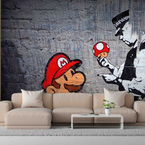 Poster da parete graffiti, carta digitale per sala giochi, pittura murale graffiti di Mario, decorazione murale Banksy Super Mario, carta da parati luminosa, arte per la stanza dei ragazzi