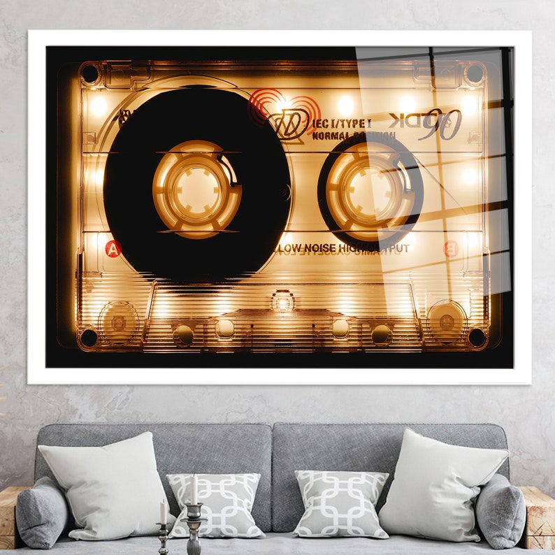Tempered Glass, Abstract Glass Art, Canvas Glass Art, Wall Art, Shining Audio Cassette Glass, Shining Audio Cassette, Modern Wall Art, White Framed