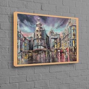 Madrid Gran Via Wall Art, Oil Painting Print, Madrid Landscape Artwork, Cityscape Printed, Rainy Day Poster, City Landscape Canvas,
