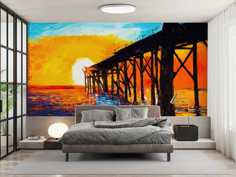 Buy Dock and Sunset Wall Paper, Sunset Wall Decor, Sea Landscape Art