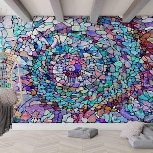 Arte de papel colorido, pintura mural con vitrales, póster de pared moderno, pintura mural de espiritualidad, papel tapiz despegable y adhesivo, arte abstracto