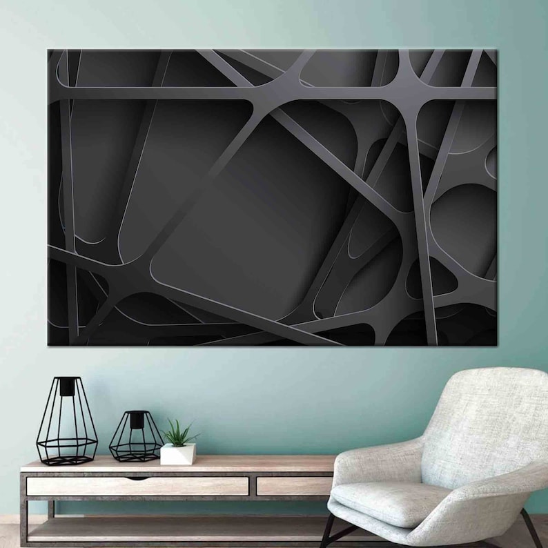 May include: Abstract geometric art print with a black and gray color scheme. The design features overlapping lines and shapes creating a modern and minimalist look.