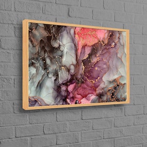 Póster de lienzo de mármol rosa y gris, impresión abstracta, mármol gris, decoración de pared brillante, arte dorado, arte de lienzo con tinta de alcohol