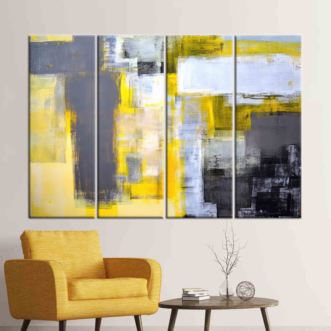 Yellow and Gray Painting Gray Wall Decor Modern Wall Art Etsy