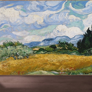 May include: A painting of a field of wheat with a blue sky and white clouds. There are trees in the background and a few small flowers in the foreground.