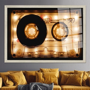 Tempered Glass, Abstract Glass Art, Canvas Glass Art, Wall Art, Shining Audio Cassette Glass, Shining Audio Cassette, Modern Wall Art, Silver Framed